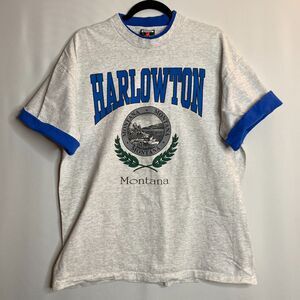 VTG Ringer Graphic Signal Sport T-Shirt Harlowton MT State Seal Blue Size XL